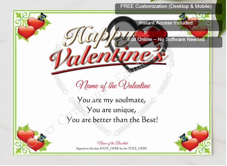 Framed preview featuring Free Editor badge stack for Happy Valentine Certificate