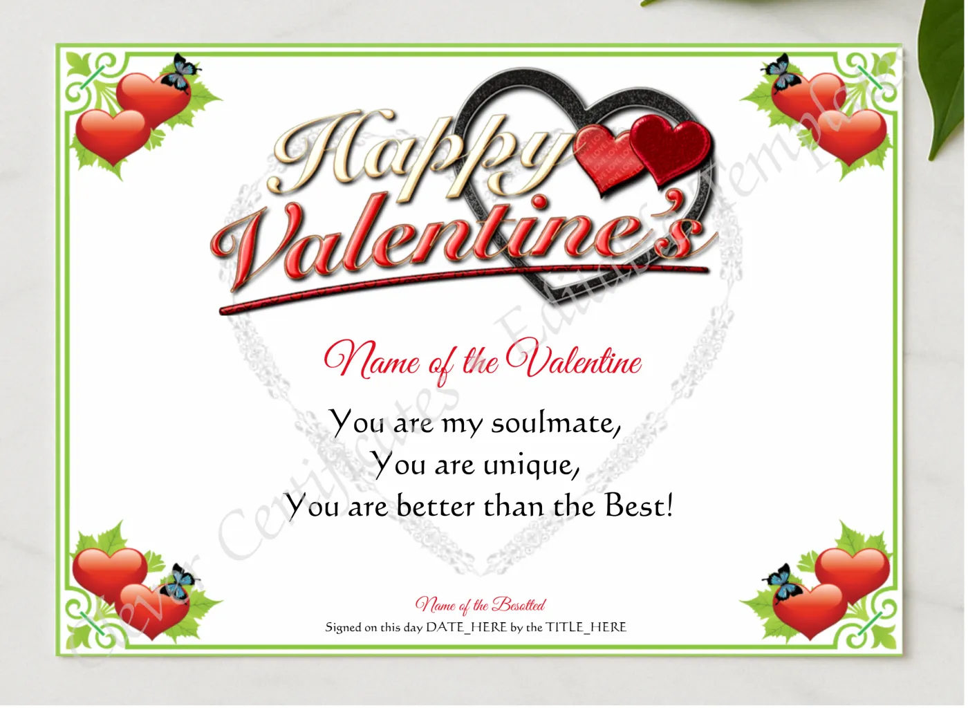 Happy Valentine Certificate presented in a sleek wooden frame, elegantly arranged on a stylish table.