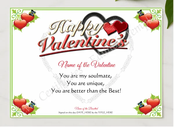 Happy Valentine Certificate presented in a sleek wooden frame, elegantly arranged on a stylish table.