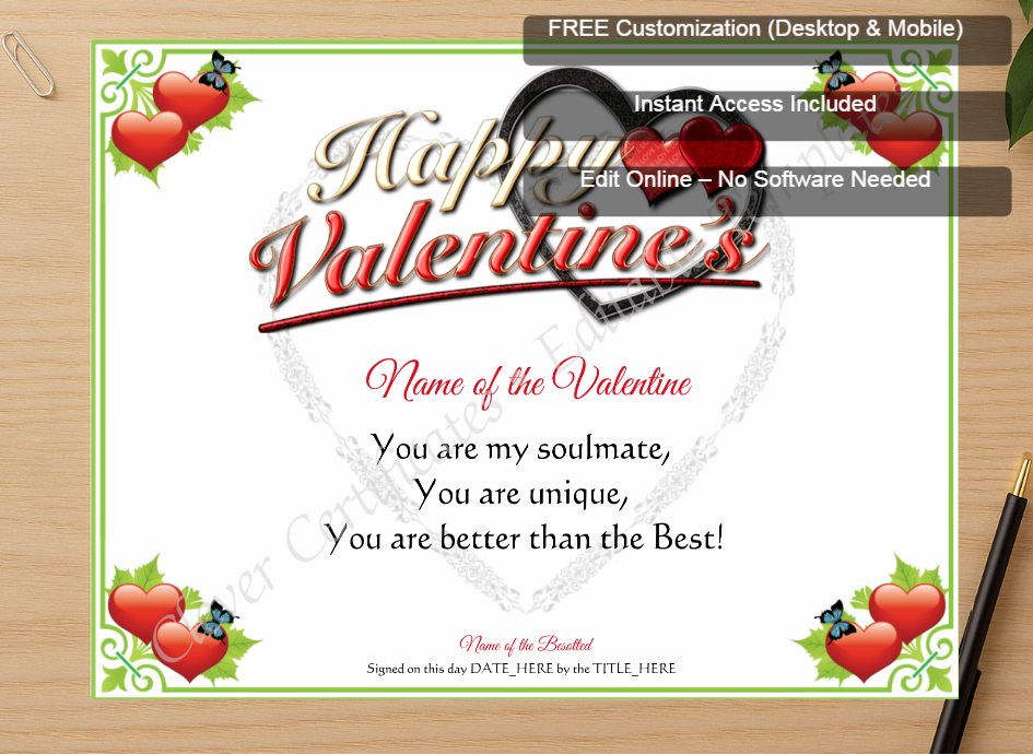 Zoomed preview with Free Editor badge stack for Happy Valentine Certificate