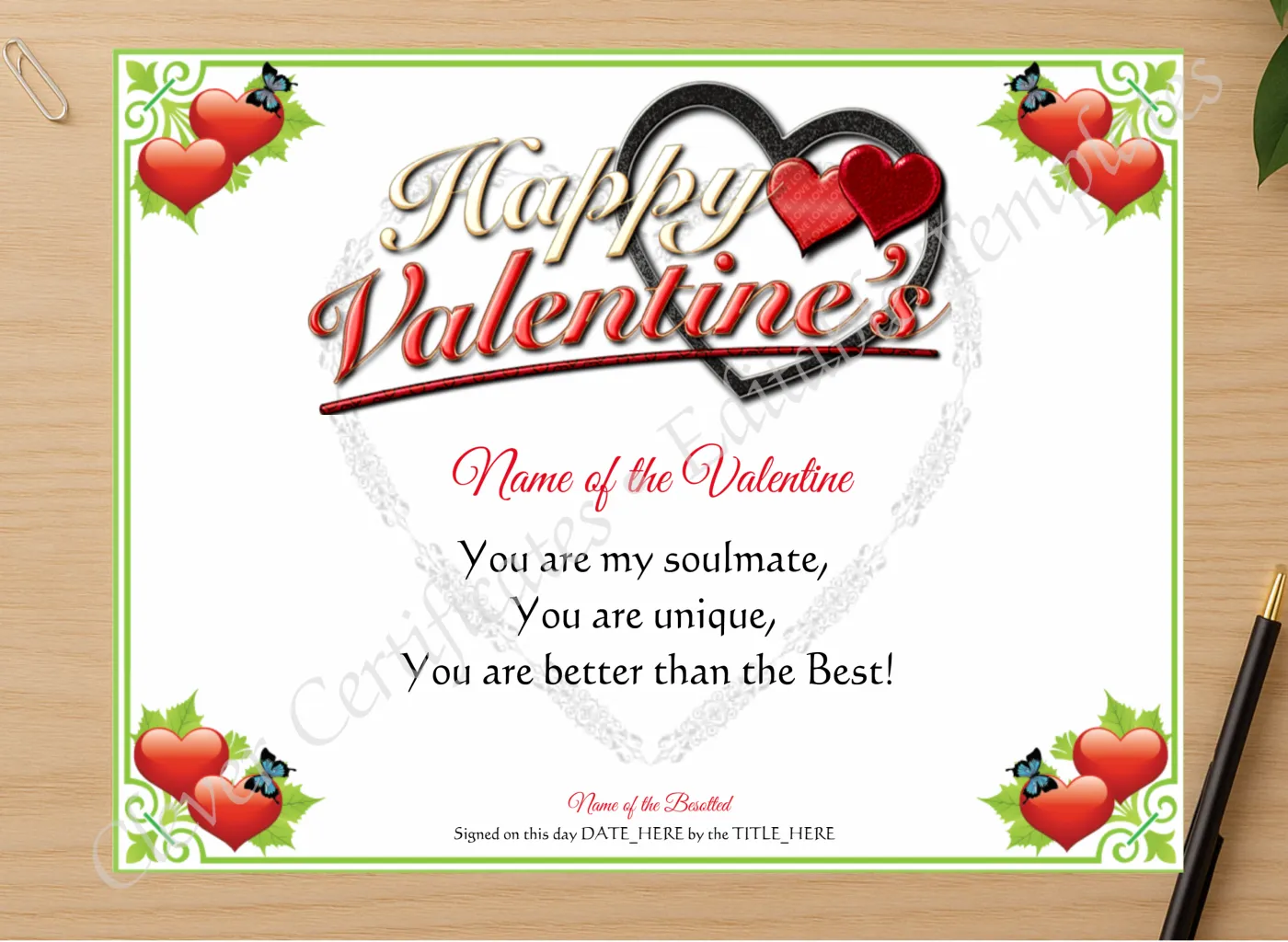 Professional preview of Happy Valentine Certificate certificate on high-quality stationery paper, ideal for showcasing the final look.