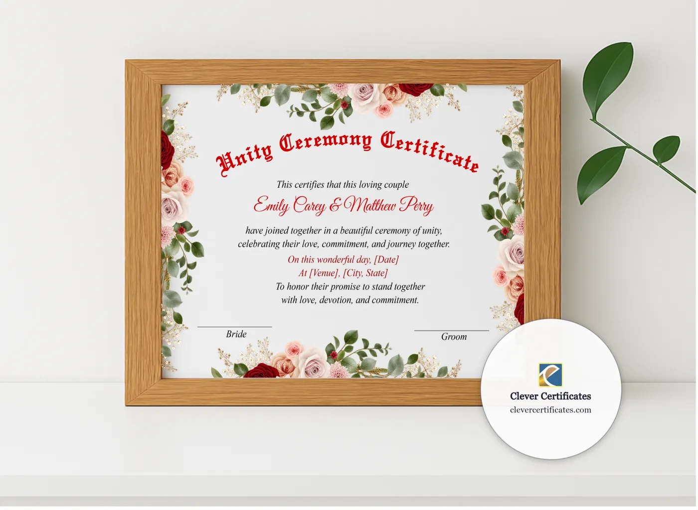 Realistic mockup featuring Marriage Blessing Certificate US Letter Landscape displayed within a modern frame, set against a minimalistic background.