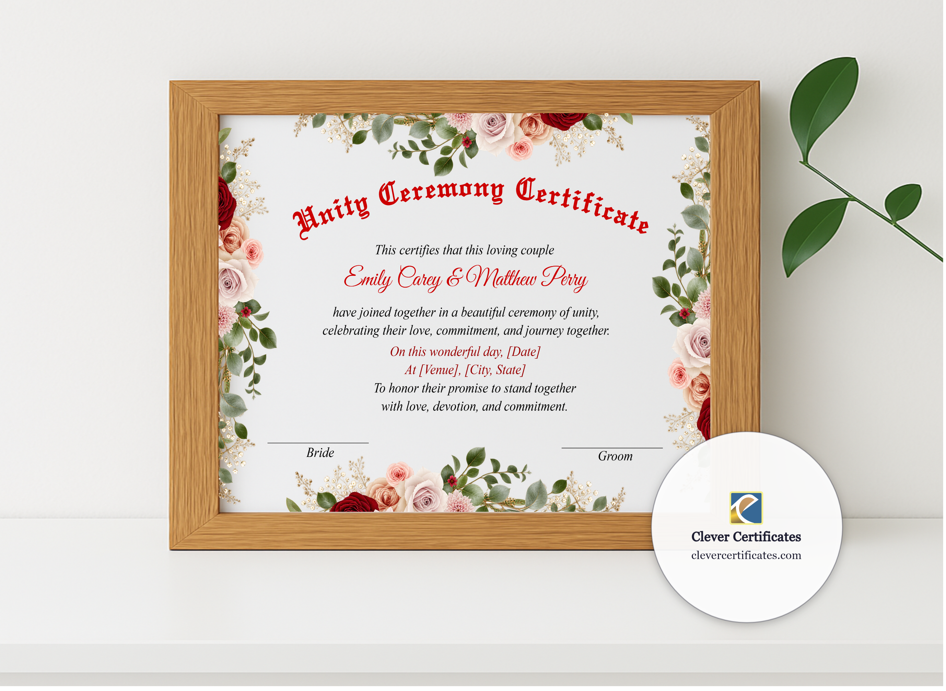 Realistic mockup featuring Marriage Blessing Certificate US Letter Landscape displayed within a modern frame, set against a minimalistic background.