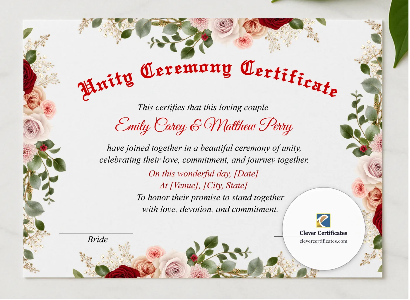 Marriage Blessing Certificate US Letter Landscape presented in a sleek wooden frame, elegantly arranged on a stylish table.