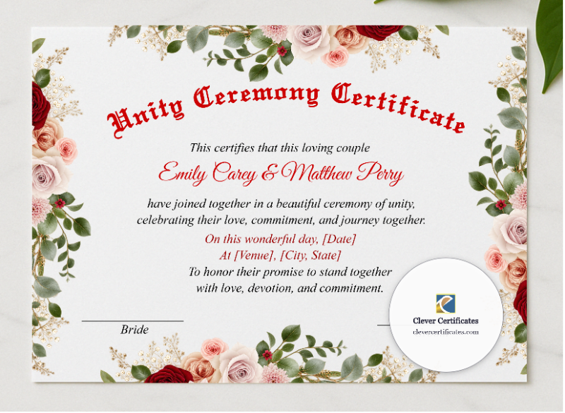 Marriage Blessing Certificate US Letter Landscape presented in a sleek wooden frame, elegantly arranged on a stylish table.