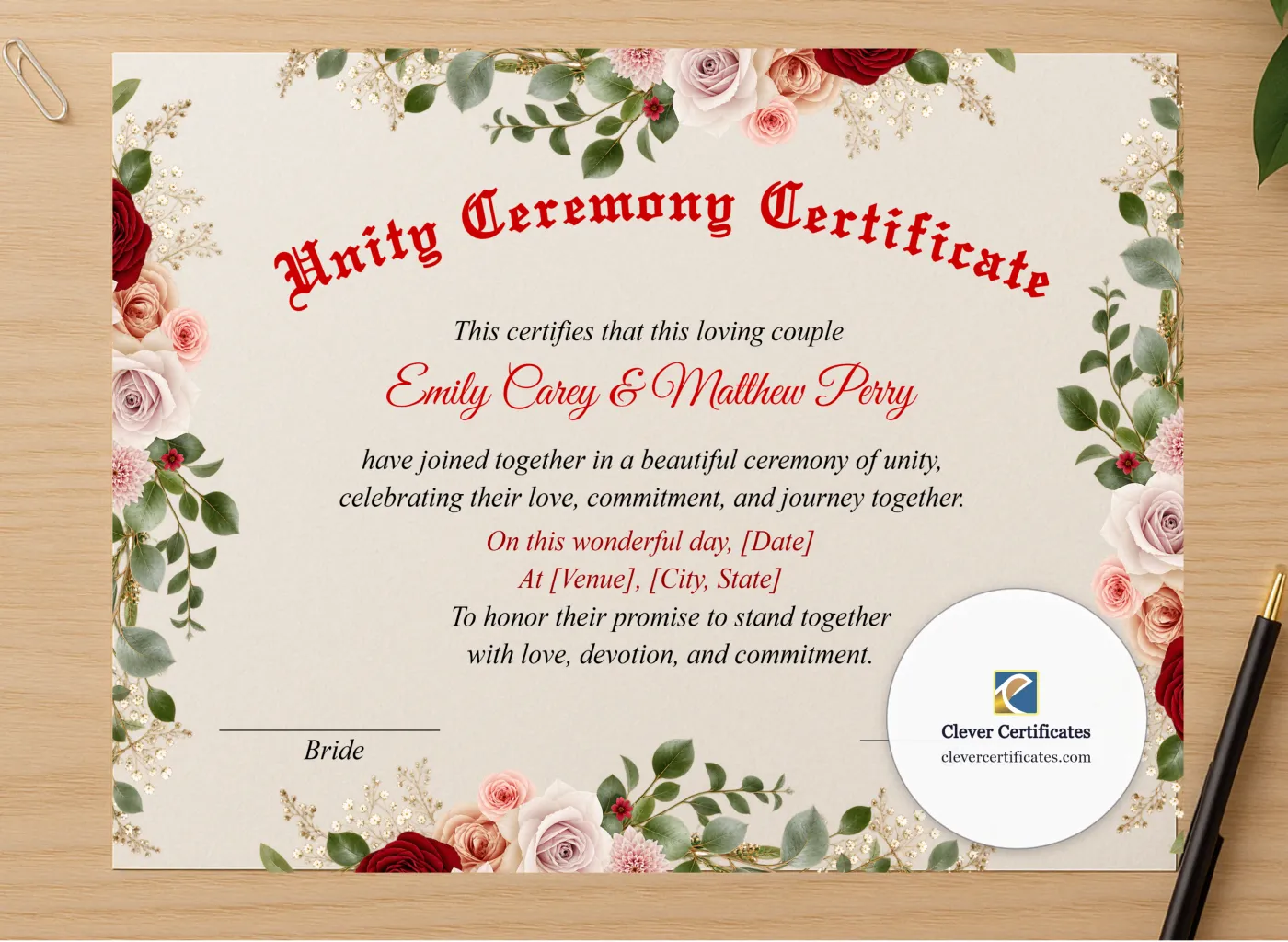 Professional preview of Marriage Blessing Certificate US Letter Landscape certificate on high-quality stationery paper, ideal for showcasing the final look.