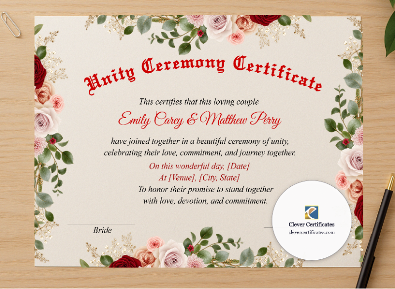 Professional preview of Marriage Blessing Certificate US Letter Landscape certificate on high-quality stationery paper, ideal for showcasing the final look.