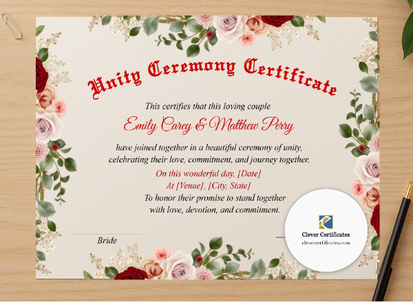 Professional preview of Marriage Blessing Certificate US Letter Landscape certificate on high-quality stationery paper, ideal for showcasing the final look.