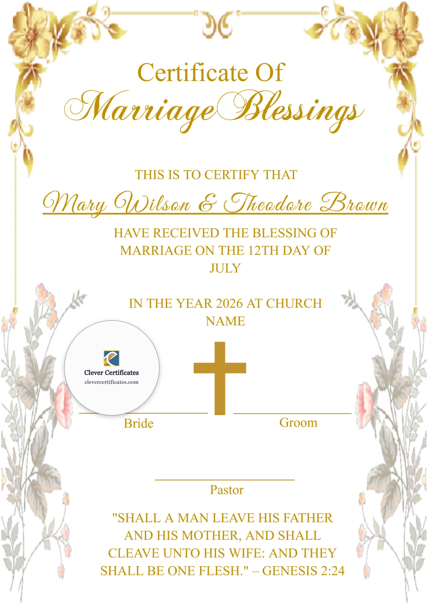 Marriage Blessing Certificate A4 Portrait Style 2 — Certificate Template Preview