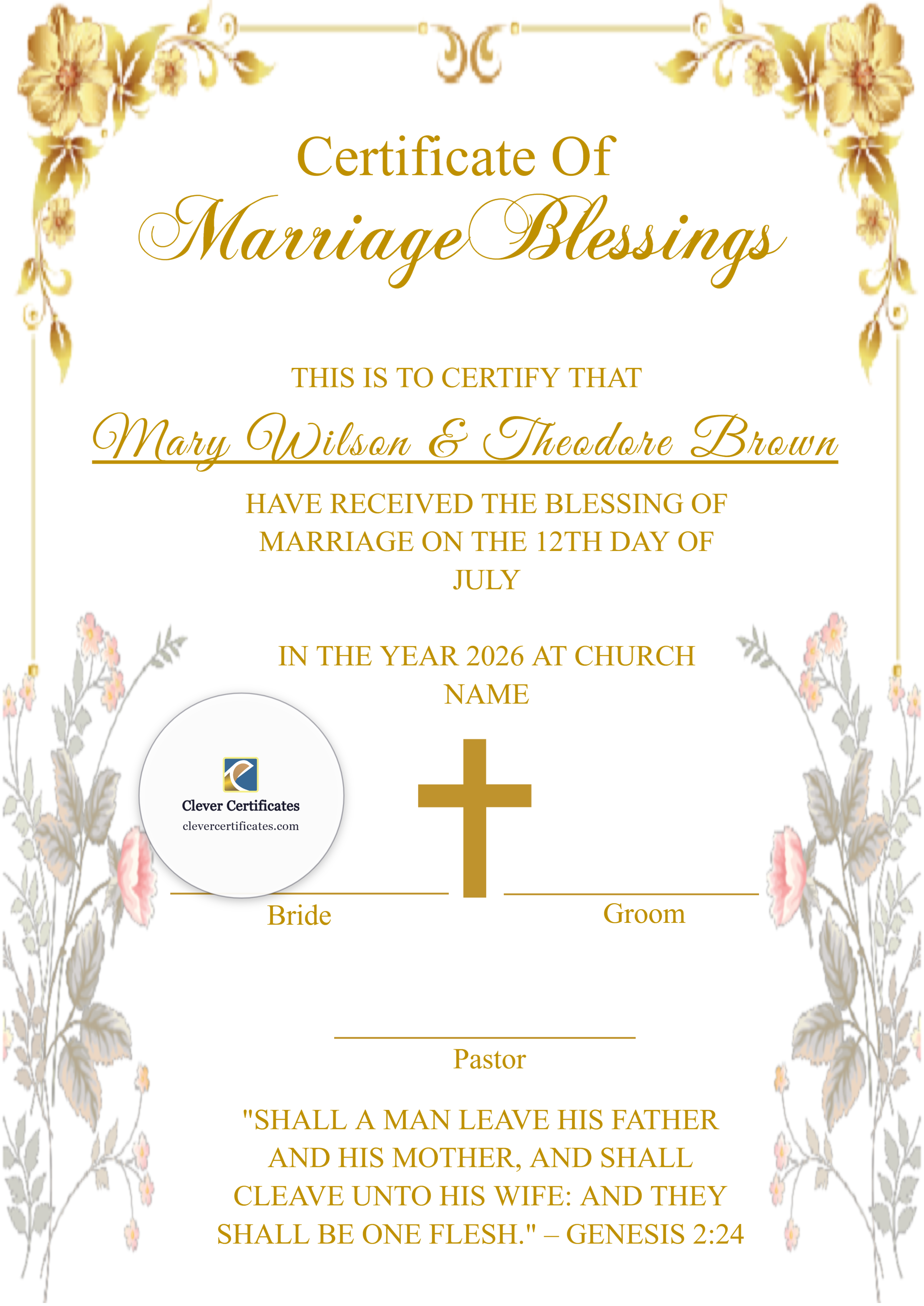 Marriage Blessing Certificate A4 Portrait Style 2 — Certificate Template Preview