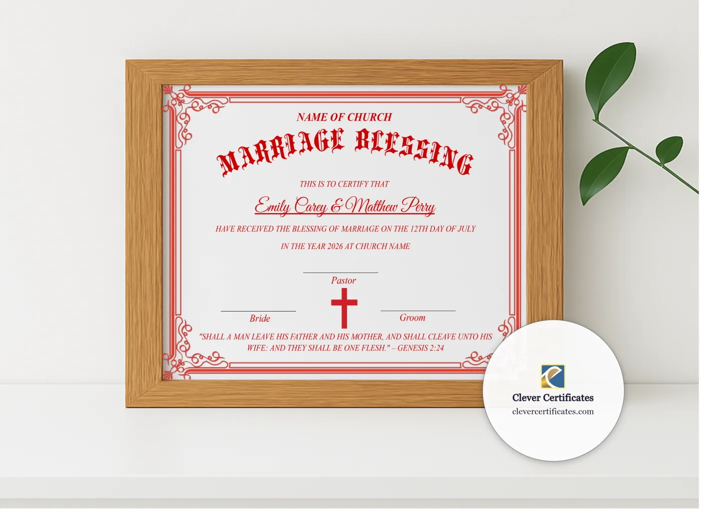 Realistic mockup featuring Marriage Blessing Certificate US Letter Landscape Style 2 displayed within a modern frame, set against a minimalistic background.