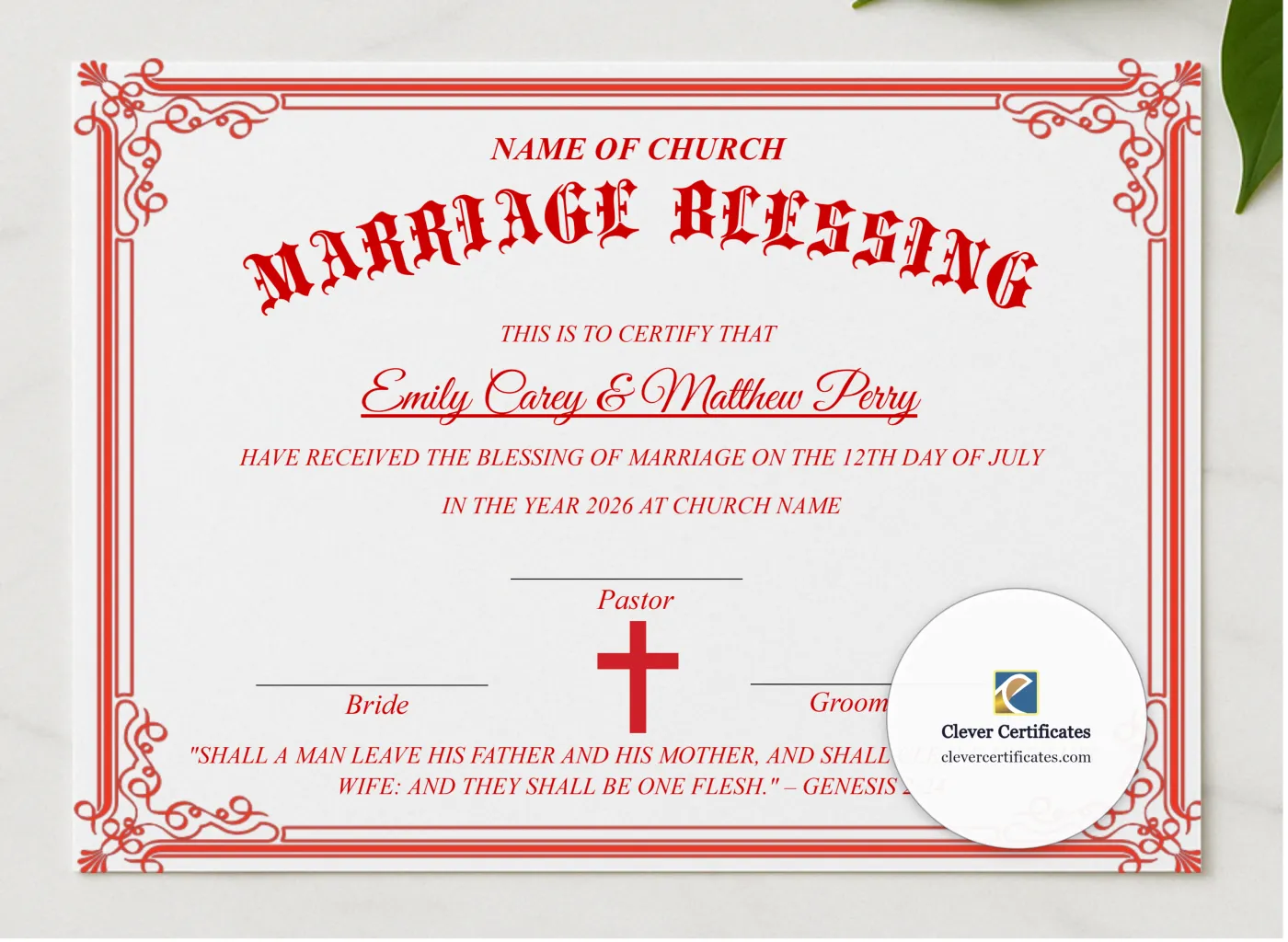 Marriage Blessing Certificate US Letter Landscape Style 2 presented in a sleek wooden frame, elegantly arranged on a stylish table.
