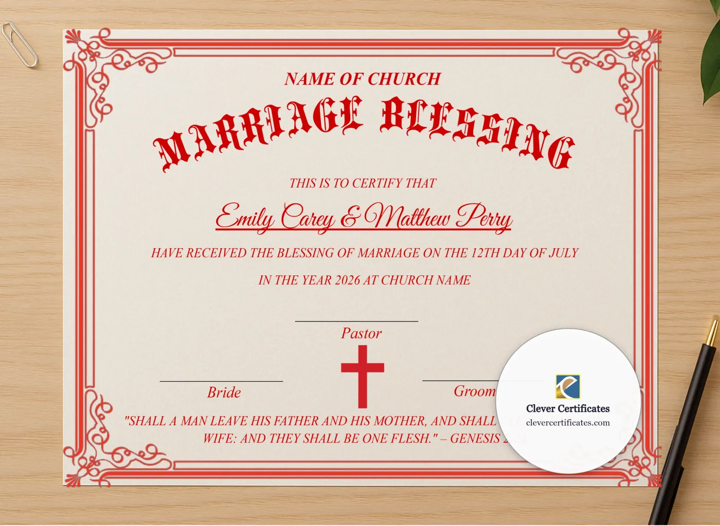 Professional preview of Marriage Blessing Certificate US Letter Landscape Style 2 certificate on high-quality stationery paper, ideal for showcasing the final look.