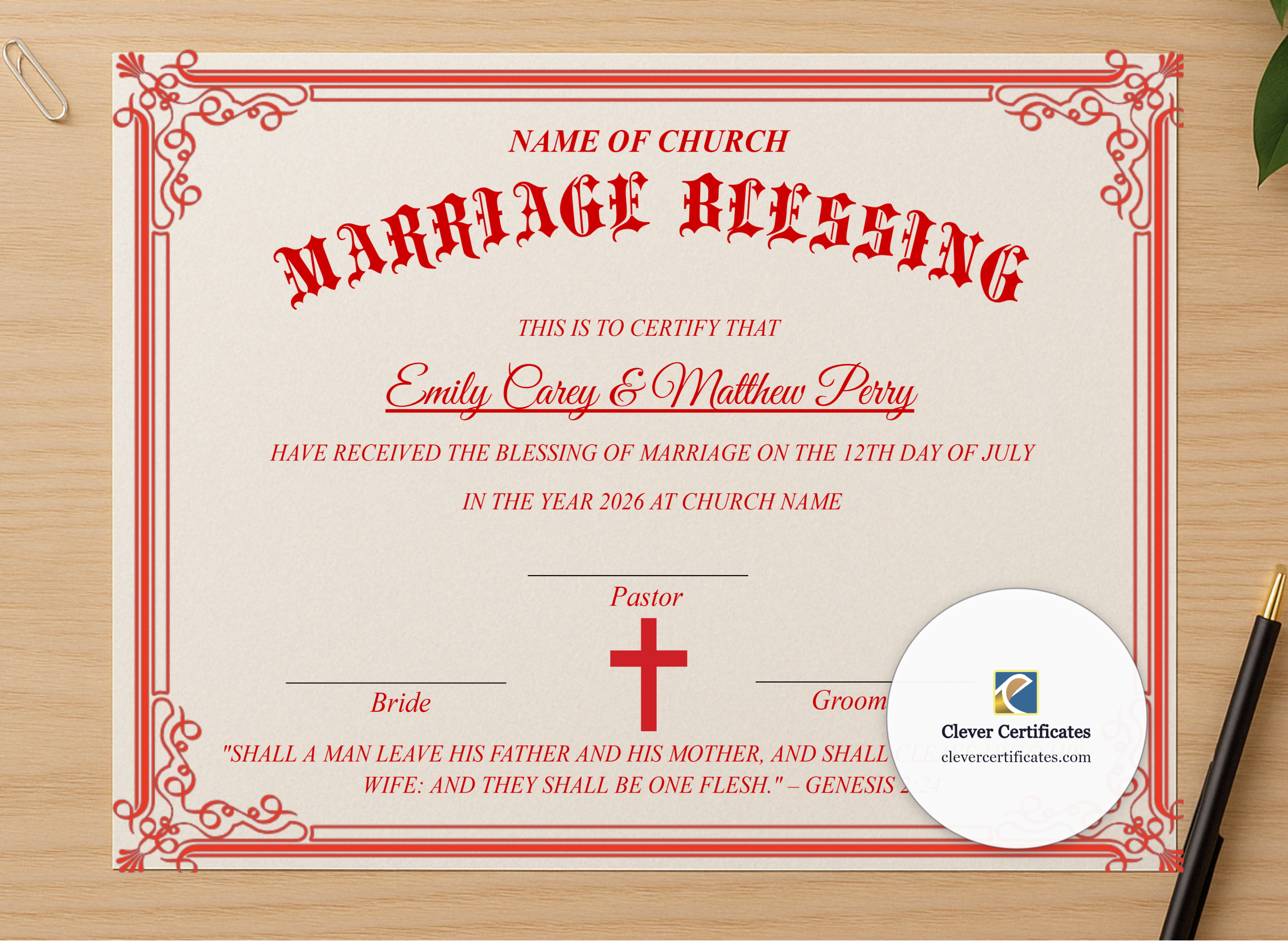 Professional preview of Marriage Blessing Certificate US Letter Landscape Style 2 certificate on high-quality stationery paper, ideal for showcasing the final look.