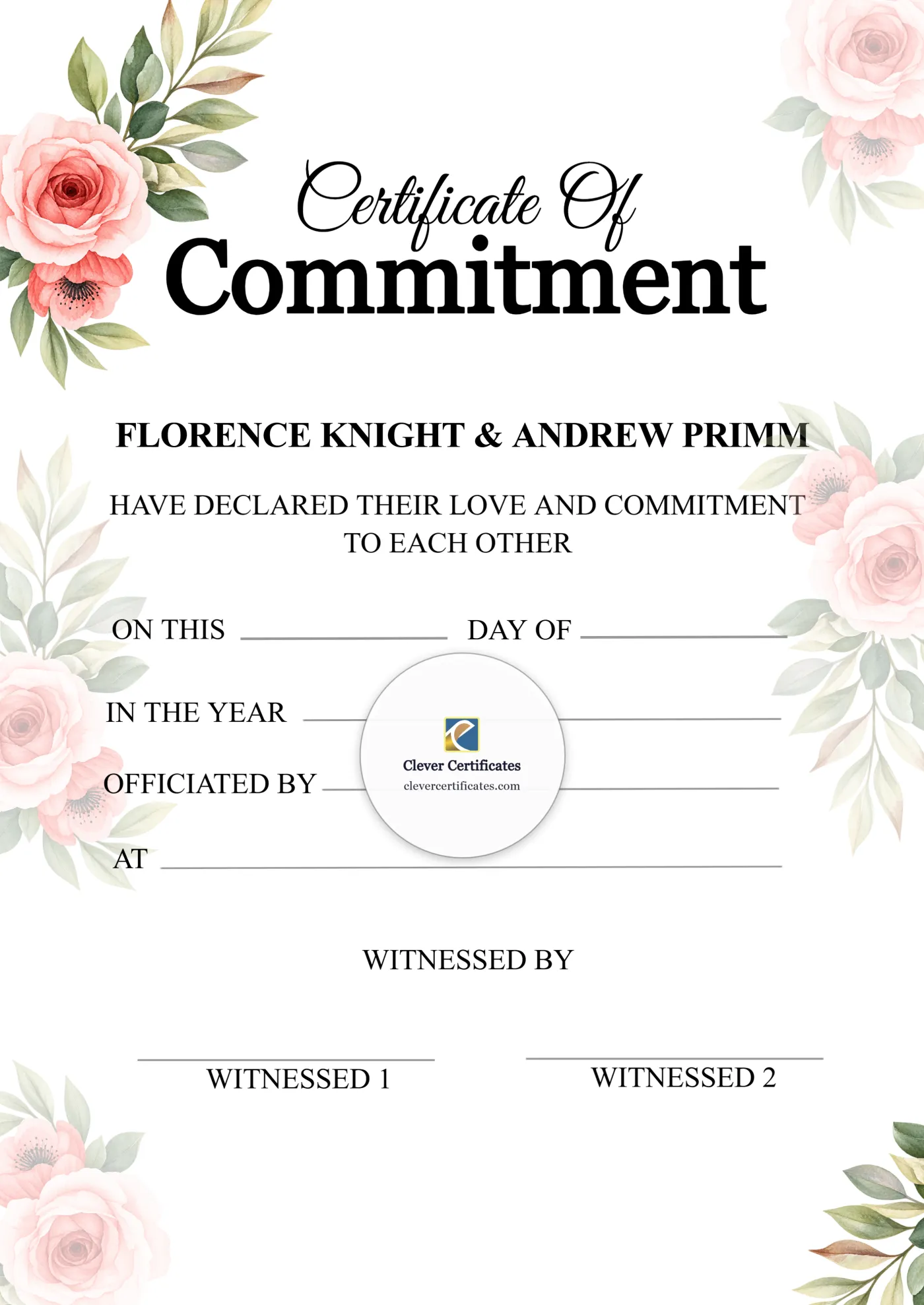 Commitment Ceremony Certificate Portrait — Certificate Template Preview