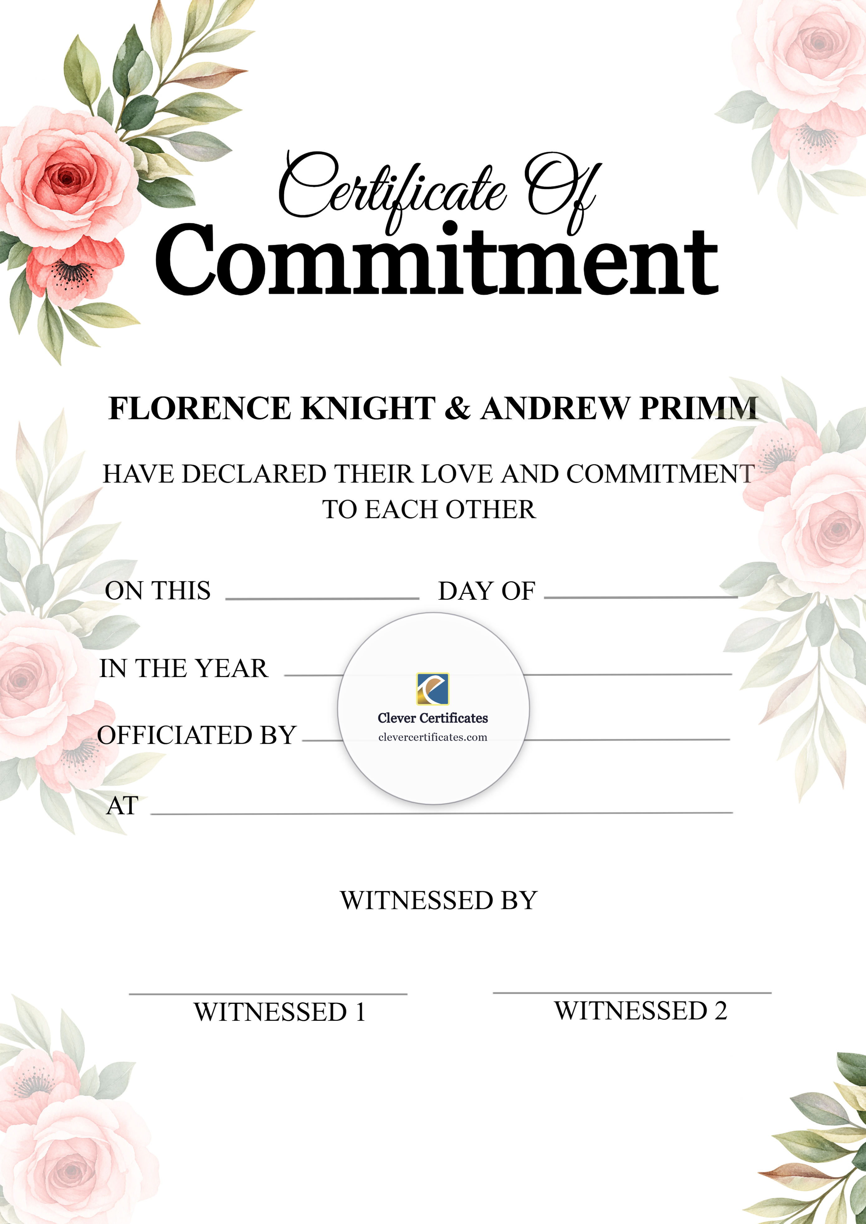 Commitment Ceremony Certificate Portrait — Certificate Template Preview