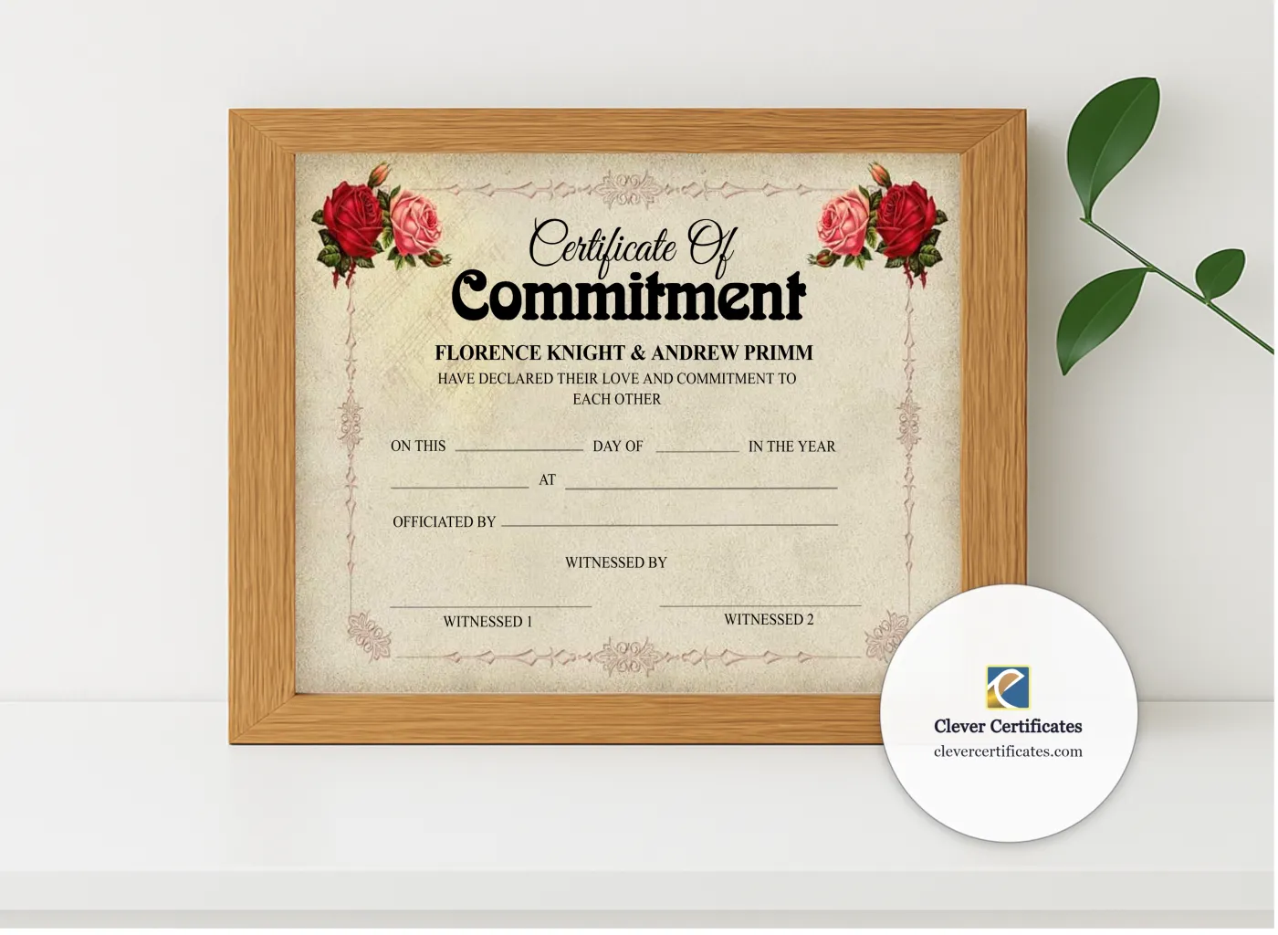 Realistic mockup featuring Commitment Ceremony Certificate displayed within a modern frame, set against a minimalistic background.