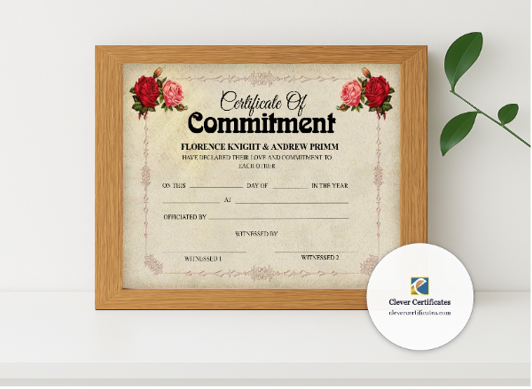 Realistic mockup featuring Commitment Ceremony Certificate displayed within a modern frame, set against a minimalistic background.