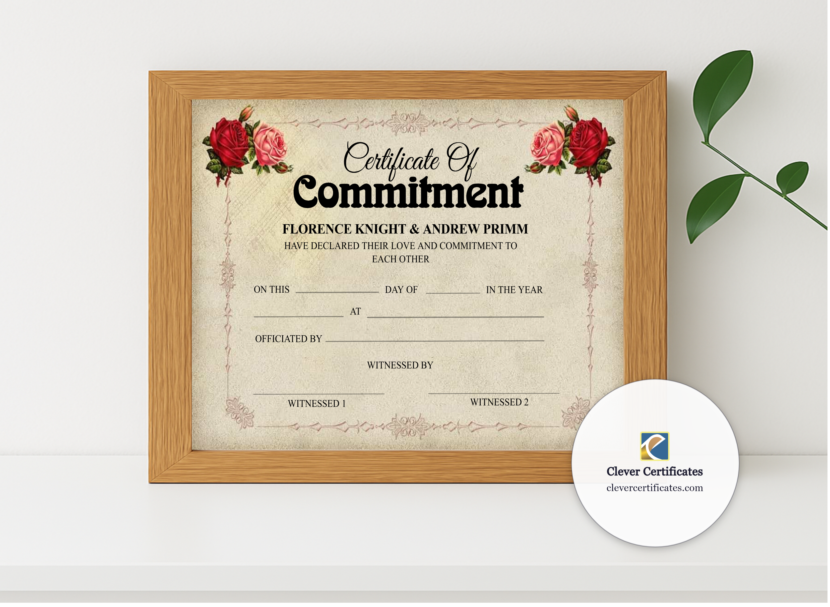Realistic mockup featuring Commitment Ceremony Certificate displayed within a modern frame, set against a minimalistic background.