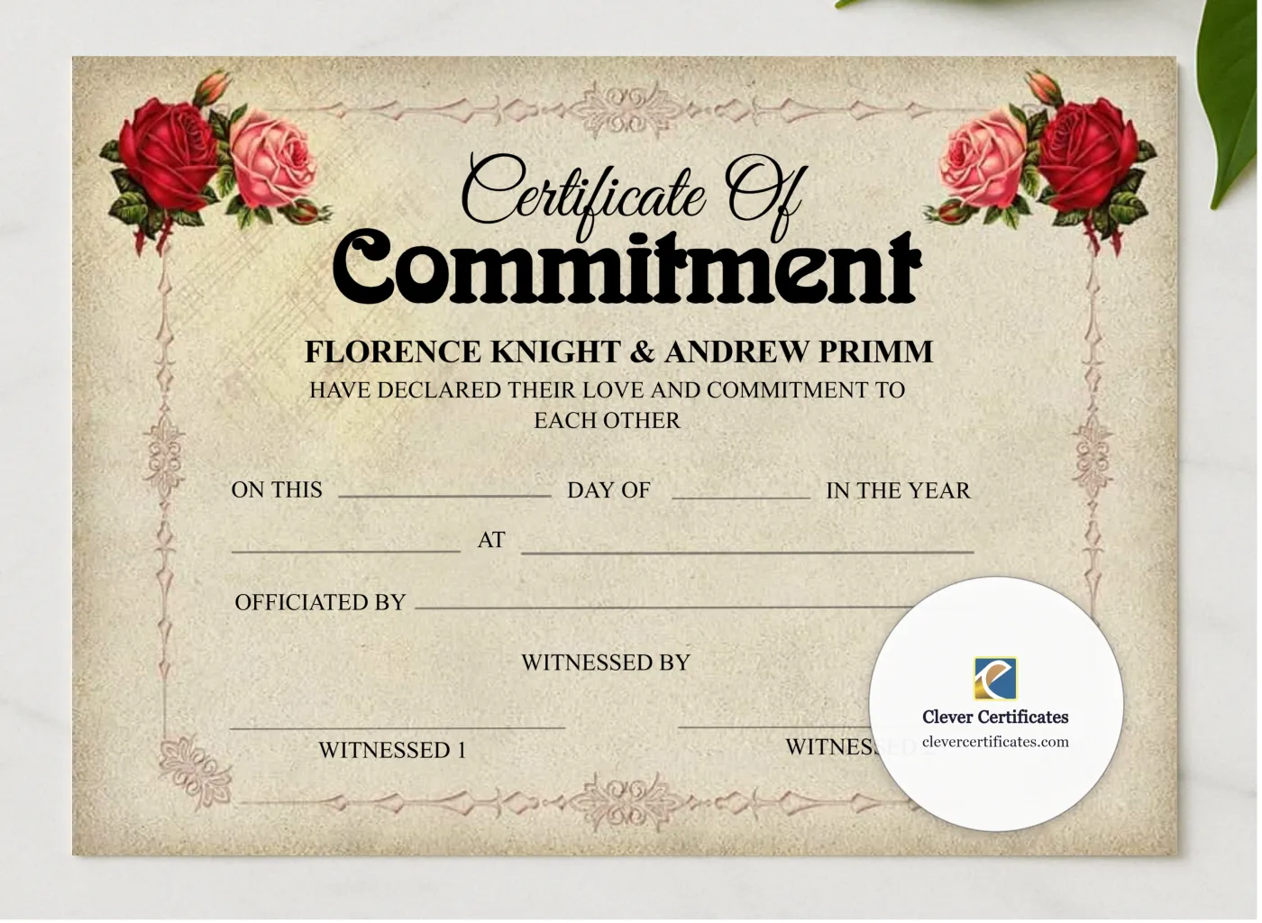 Commitment Ceremony Certificate presented in a sleek wooden frame, elegantly arranged on a stylish table.