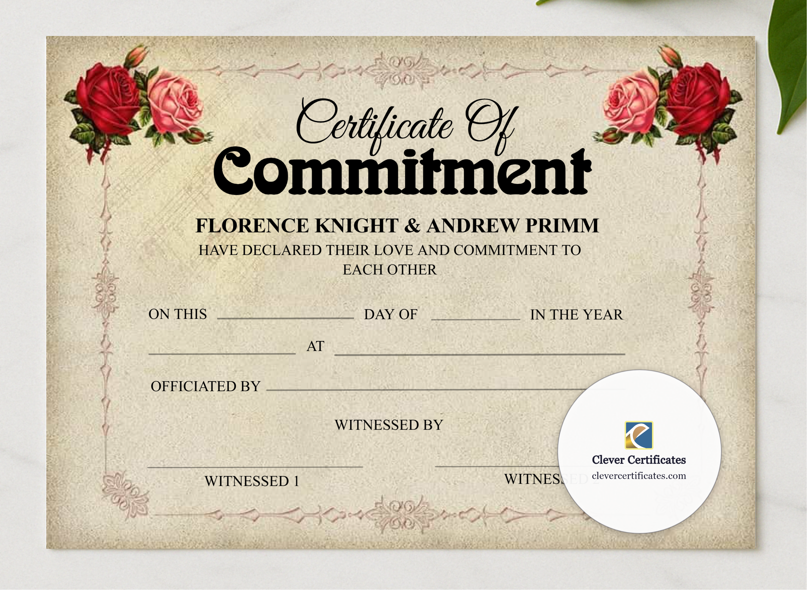 Commitment Ceremony Certificate presented in a sleek wooden frame, elegantly arranged on a stylish table.