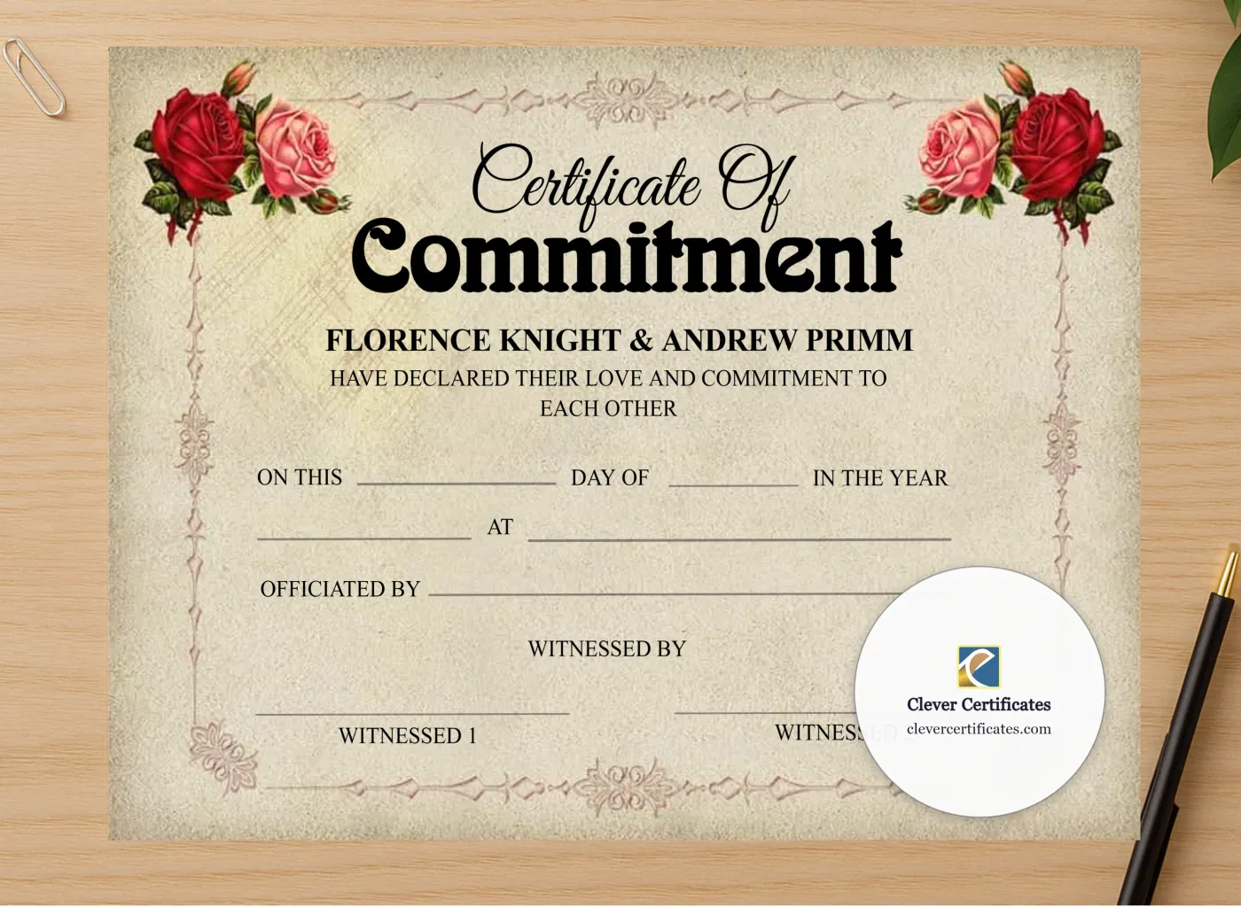 Professional preview of Commitment Ceremony Certificate certificate on high-quality stationery paper, ideal for showcasing the final look.