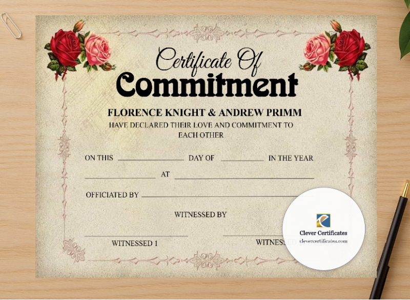 Professional preview of Commitment Ceremony Certificate certificate on high-quality stationery paper, ideal for showcasing the final look.