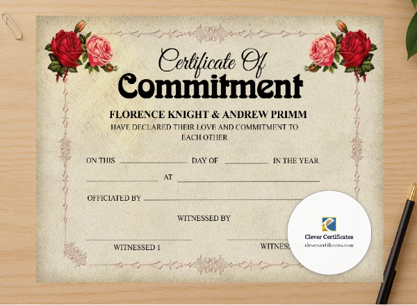 Professional preview of Commitment Ceremony Certificate certificate on high-quality stationery paper, ideal for showcasing the final look.