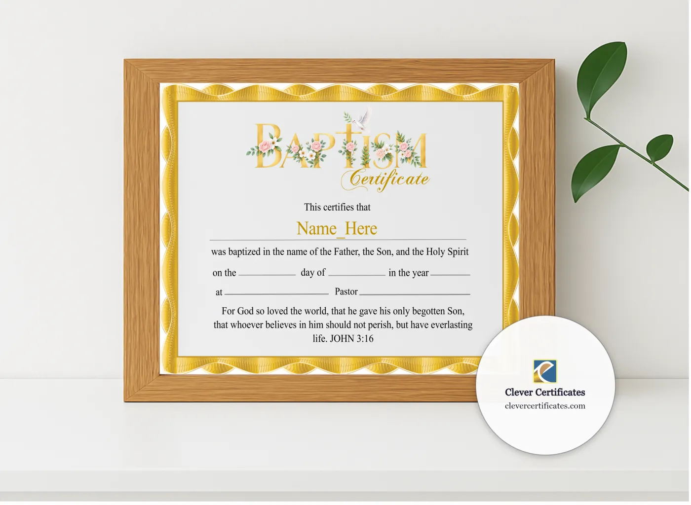 Realistic mockup featuring Baby Baptism Certificate displayed within a modern frame, set against a minimalistic background.