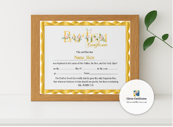 Realistic mockup featuring Baby Baptism Certificate displayed within a modern frame, set against a minimalistic background.