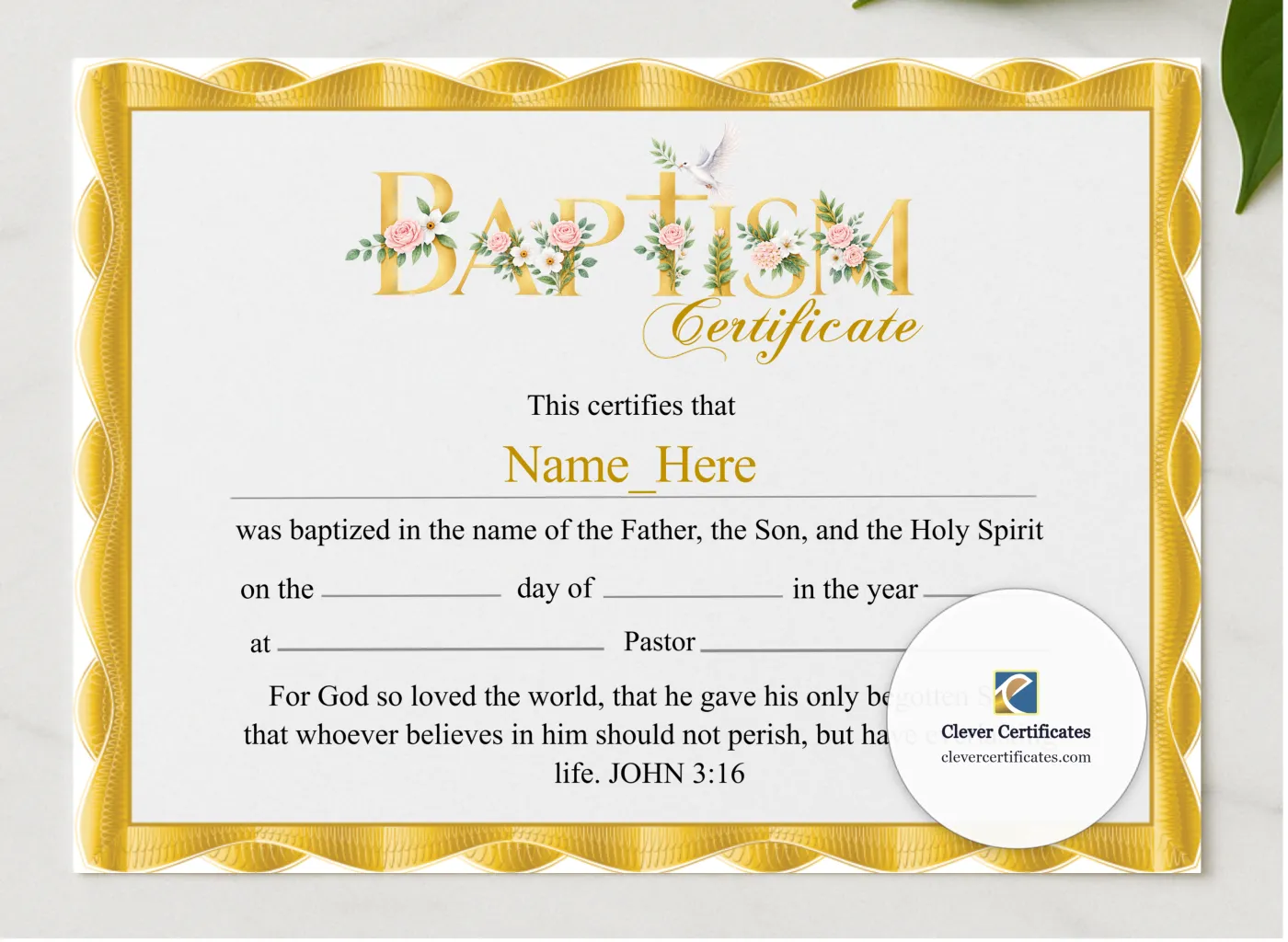 Baby Baptism Certificate presented in a sleek wooden frame, elegantly arranged on a stylish table.
