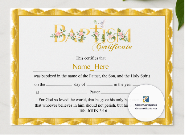 Baby Baptism Certificate presented in a sleek wooden frame, elegantly arranged on a stylish table.