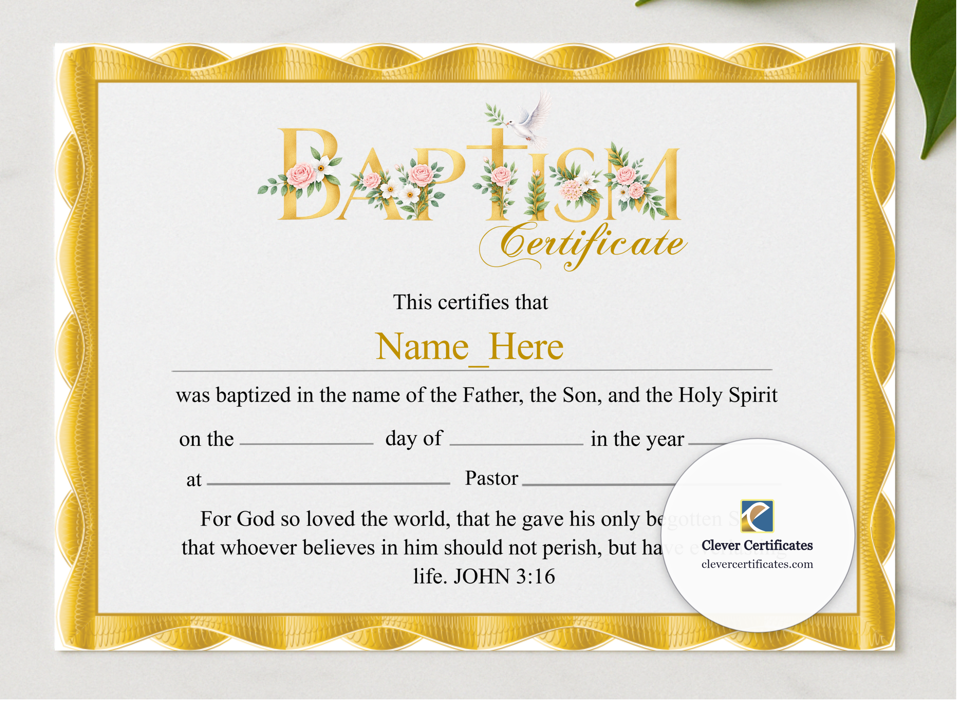 Baby Baptism Certificate presented in a sleek wooden frame, elegantly arranged on a stylish table.