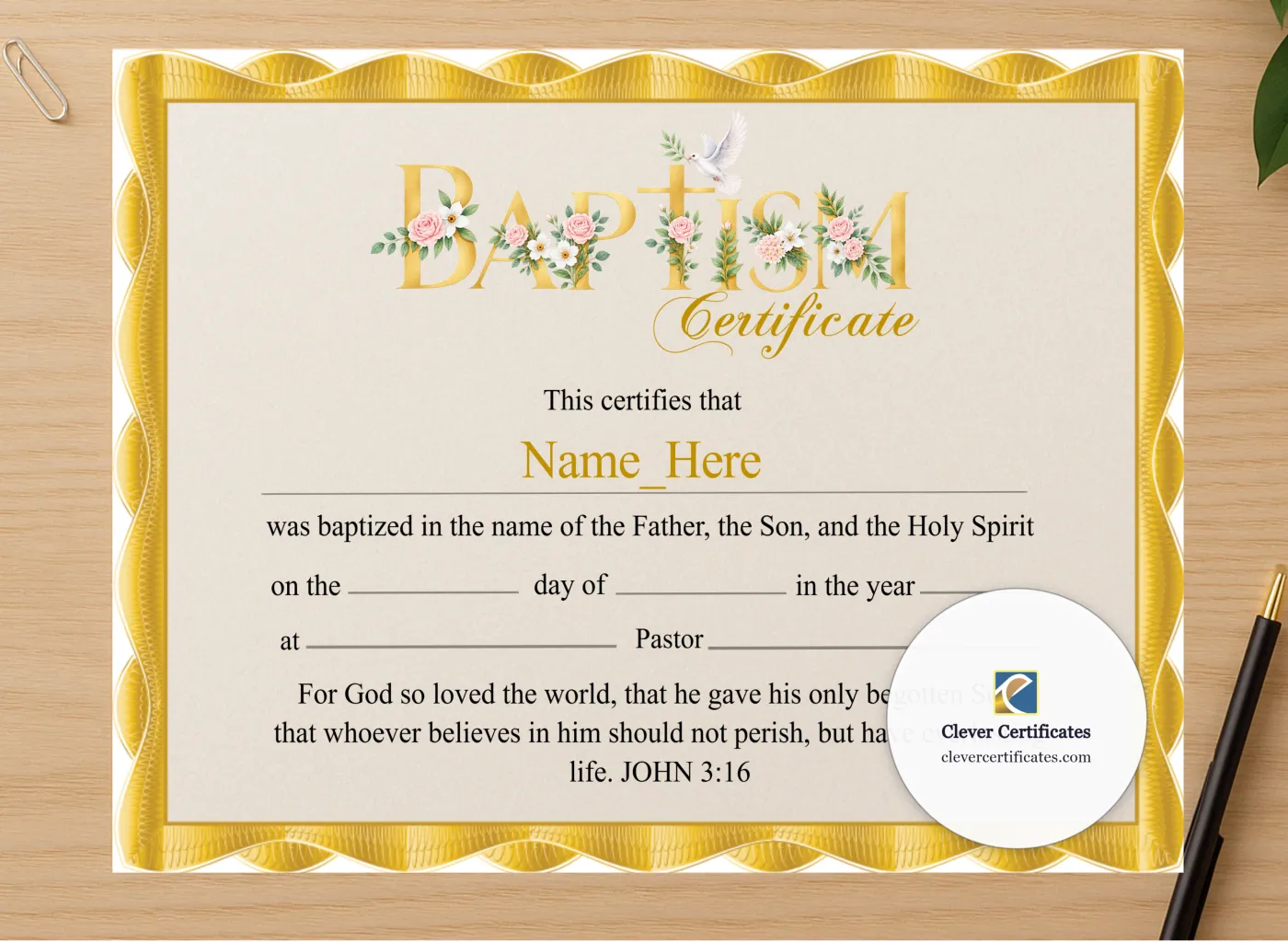 Professional preview of Baby Baptism Certificate certificate on high-quality stationery paper, ideal for showcasing the final look.