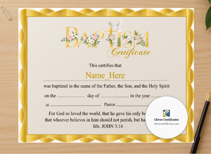 Professional preview of Baby Baptism Certificate certificate on high-quality stationery paper, ideal for showcasing the final look.
