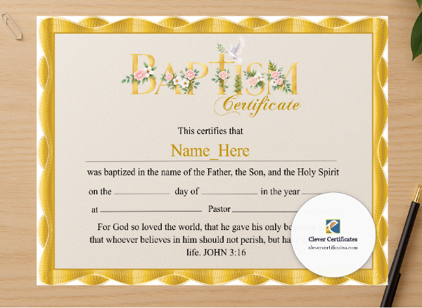 Professional preview of Baby Baptism Certificate certificate on high-quality stationery paper, ideal for showcasing the final look.