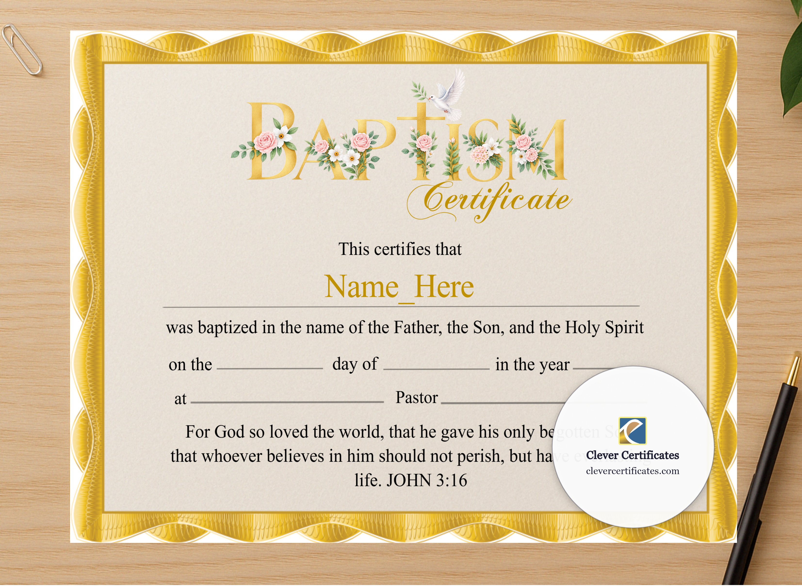 Professional preview of Baby Baptism Certificate certificate on high-quality stationery paper, ideal for showcasing the final look.