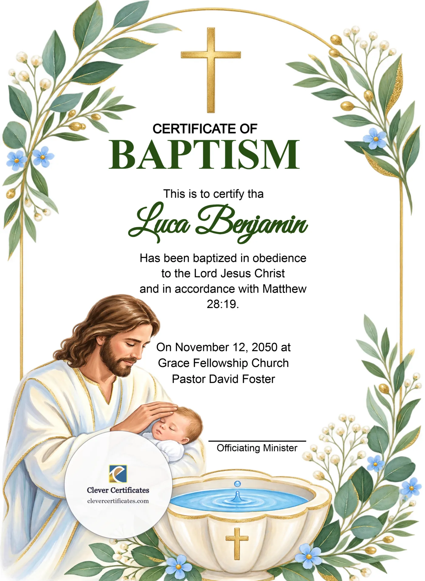 Adult Baptism Certificate Portrait — Certificate Template Preview