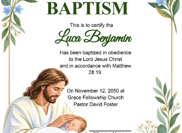 Adult Baptism Certificate Portrait — Certificate Template Preview