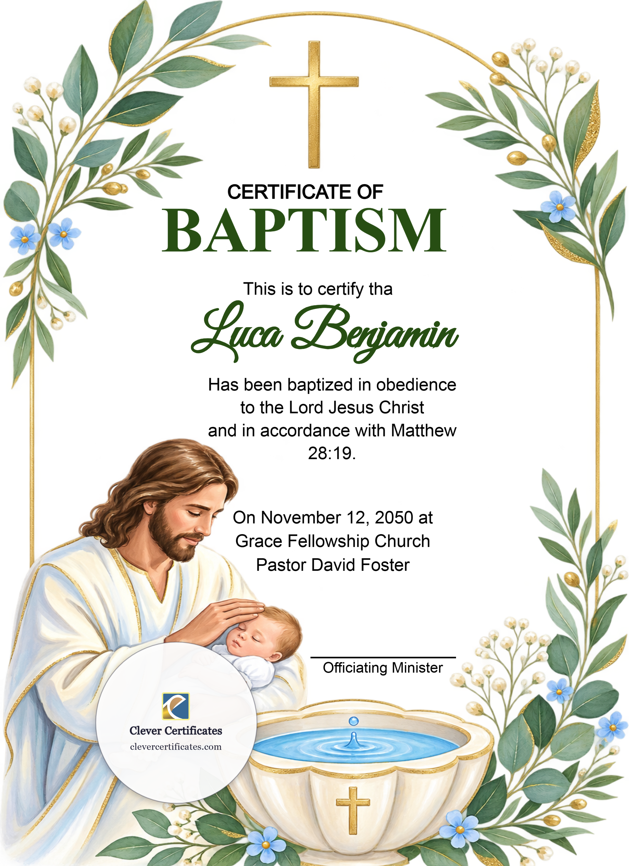 Adult Baptism Certificate Portrait — Certificate Template Preview
