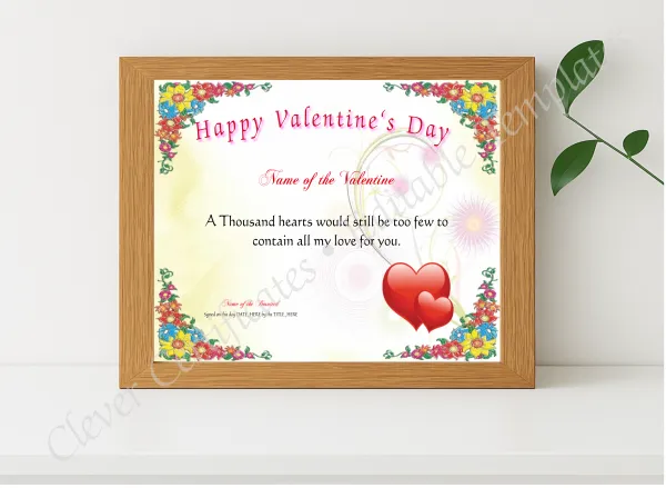 Realistic mockup featuring Happy Valentine Certificate 2 displayed within a modern frame, set against a minimalistic background.
