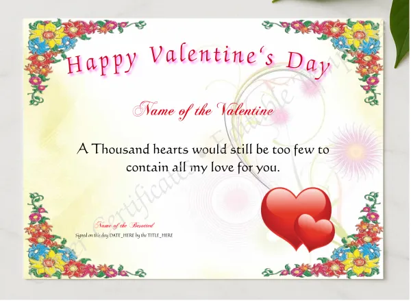 Happy Valentine Certificate 2 presented in a sleek wooden frame, elegantly arranged on a stylish table.