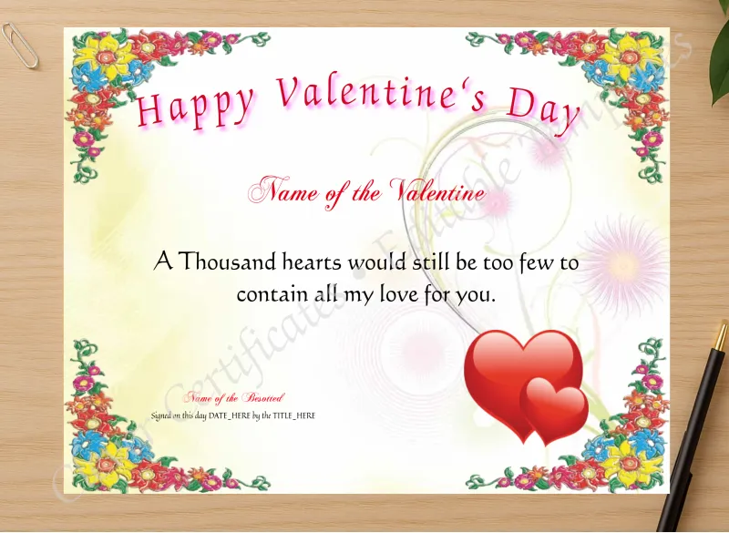 Professional preview of Happy Valentine Certificate 2 certificate on high-quality stationery paper, ideal for showcasing the final look.