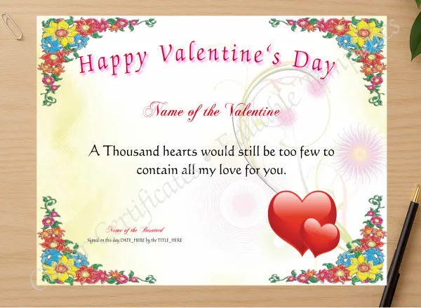 Professional preview of Happy Valentine Certificate 2 certificate on high-quality stationery paper, ideal for showcasing the final look.