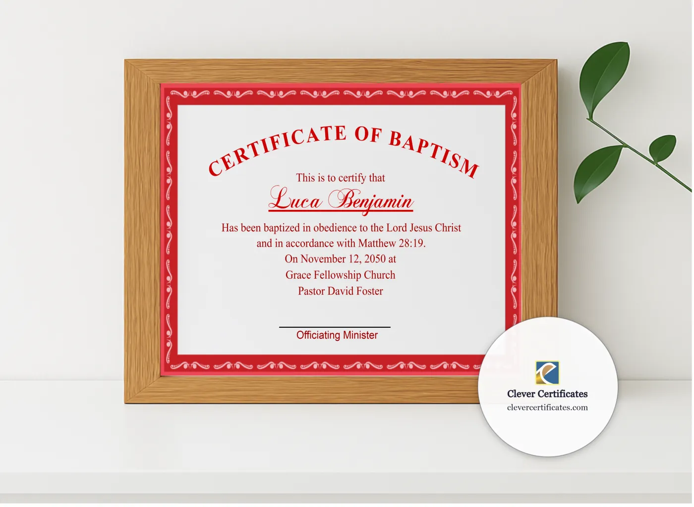 Realistic mockup featuring Adult Baptism Certificate displayed within a modern frame, set against a minimalistic background.