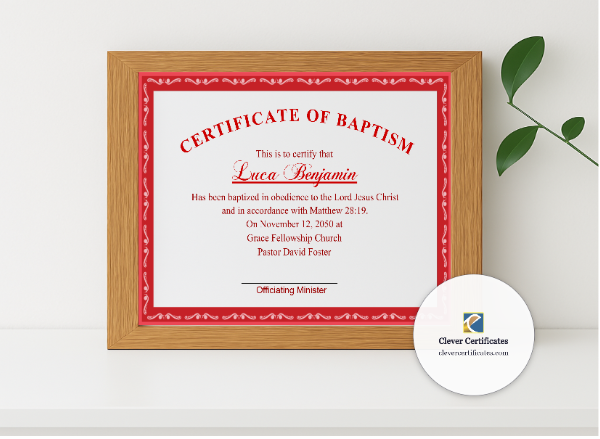 Realistic mockup featuring Adult Baptism Certificate displayed within a modern frame, set against a minimalistic background.