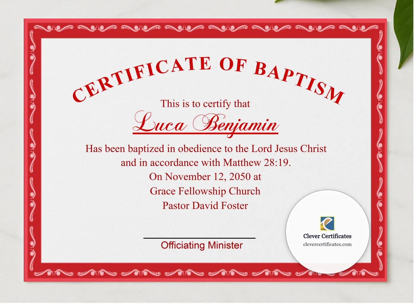 Adult Baptism Certificate presented in a sleek wooden frame, elegantly arranged on a stylish table.