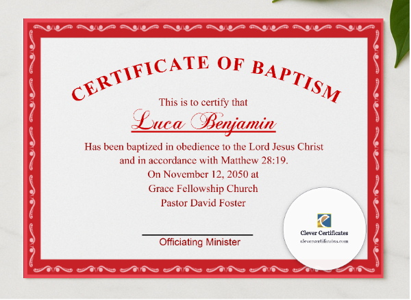 Adult Baptism Certificate presented in a sleek wooden frame, elegantly arranged on a stylish table.