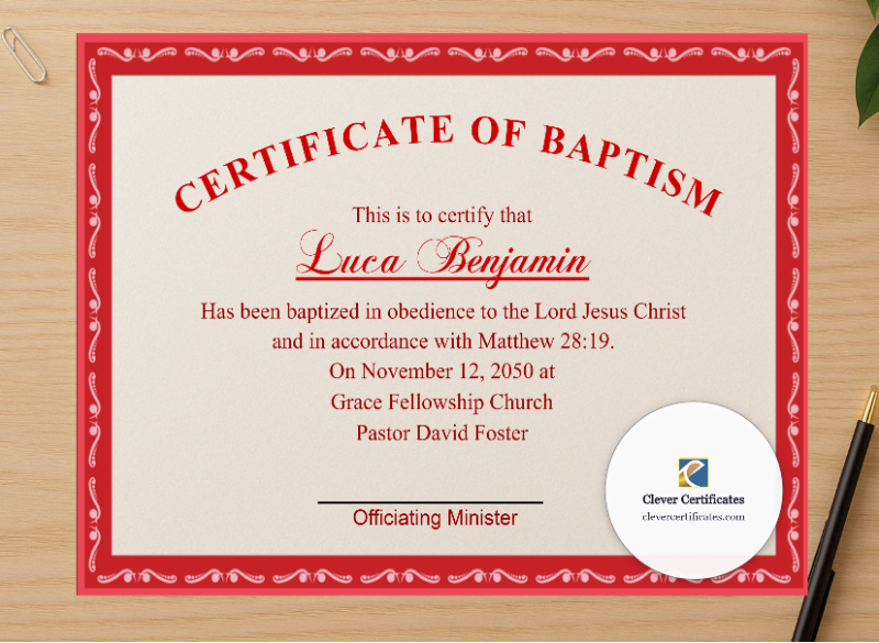 Professional preview of Adult Baptism Certificate certificate on high-quality stationery paper, ideal for showcasing the final look.