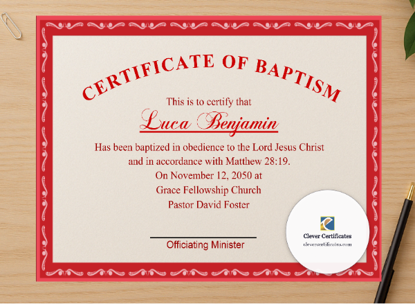 Professional preview of Adult Baptism Certificate certificate on high-quality stationery paper, ideal for showcasing the final look.